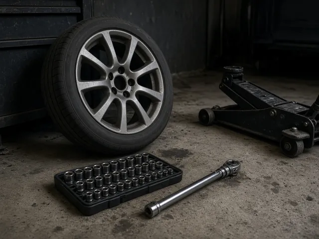Car wheel, socket set, torque wrench and floor jack in a garage