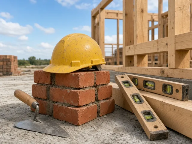 Hard hat on a stack of bricks with a trowel and spirit levels