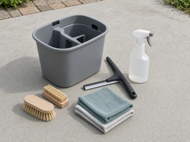 Bucket, scrubbing brushes, squeegee, cloths and a spray bottle