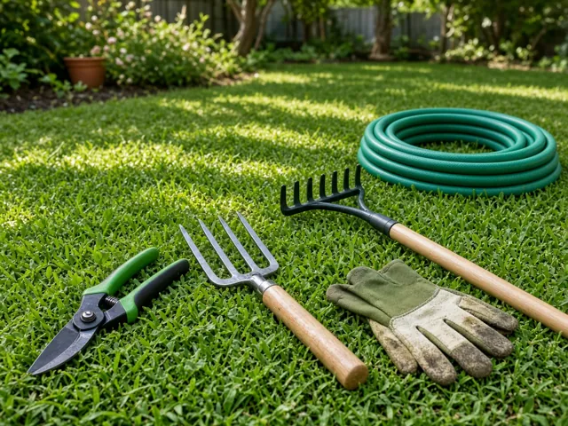 Secateurs, garden fork, rake, hose and gloves on a lawn