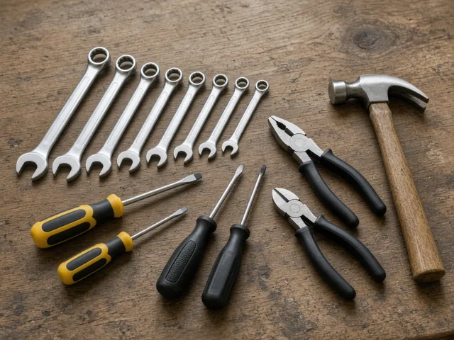 Spanners, screwdrivers, pliers and a hammer on a wooden bench