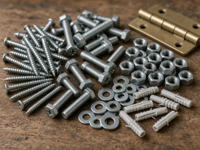 Screws, bolts, nuts, washers and a brass hinge