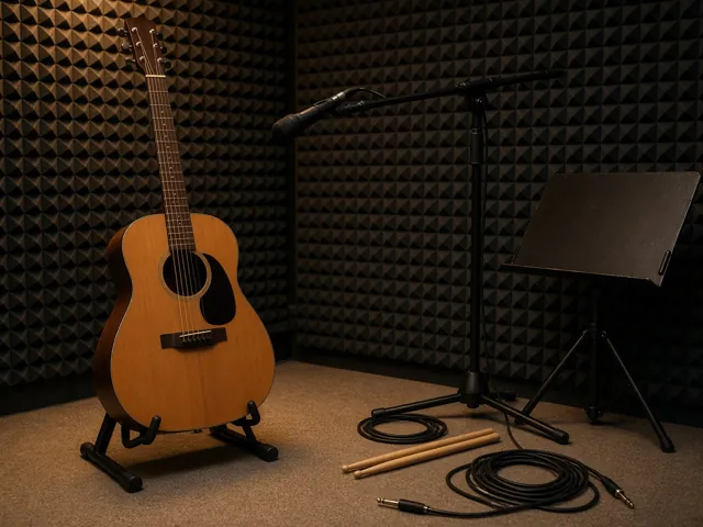 Acoustic guitar on a stand, boom mic stand, cables, drumsticks and a music stand