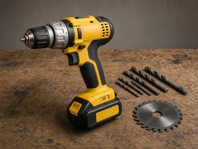 Cordless drill with drill bits and a saw blade on a workbench