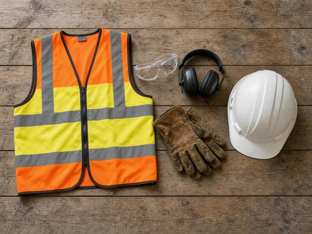Hi-vis vest, safety glasses, earmuffs, work gloves and a hard hat