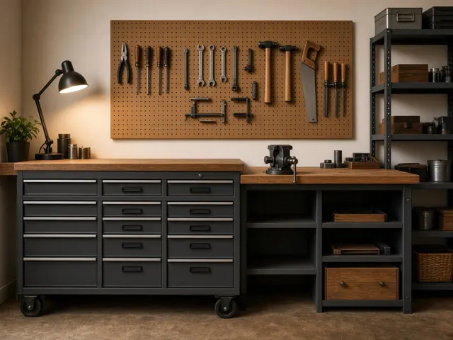 Steel tool chest, workbench, pegboard and shelving in a workshop
